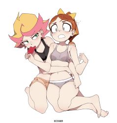 Rule 34 | 2girls, ahoge, amanda o&#039;neill, bad id, bad pixiv id, barefoot, blush, bow, brown hair, eating, feet, food, full body, green eyes, hair bow, hannah england, highres, little witch academia, midriff, multicolored hair, multiple girls, navel, once 11h, orange hair, ponytail, popsicle, short hair, short shorts, shorts, simple background, sports bra, surprised, thighs, two-tone hair, white background, yuri