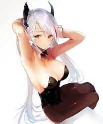 Rule 34 | 1girl, armpits, arms behind head, azur lane, bare shoulders, blush, breasts, cleavage, closed mouth, collarbone, from above, from side, gradient background, hair between eyes, headgear, highres, hitaki yuu, large breasts, leotard, long hair, looking at viewer, looking back, mole, mole on breast, multicolored hair, pantyhose, playboy bunny, prinz eugen (azur lane), red hair, silver hair, simple background, sitting, solo, streaked hair, thighs, two side up, very long hair, wrist cuffs