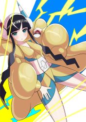 Rule 34 | 1girl, :o, absurdres, aimubaniran, black hair, blue eyes, blunt bangs, blush, breasts, coat, collarbone, commentary, creatures (company), electricity, elesa (pokemon), eyelashes, fur coat, game freak, gym leader, hand on own thigh, headphones, highres, holding, holding poke ball, long hair, looking at viewer, nintendo, poke ball, poke ball (basic), pokemon, pokemon bw2, solo, twintails, very long hair, yellow coat