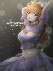 Rule 34 | 1girl, artist name, artist request, blush, bracelet, breasts, brown hair, butterfly (love live!), choker, cleavage, clothing cutout, collarbone, cropped shirt, crown, detached sleeves, double bun, dress, dress shirt, earrings, female focus, gold bracelet, grey background, hair between eyes, hair bun, hair rings, harem outfit, highres, jewelry, konoe kanata, long hair, looking at viewer, love live!, love live! nijigasaki high school idol club, love live! school idol festival, medium breasts, navel, outstretched arms, parted lips, puffy short sleeves, puffy sleeves, purple eyes, purple ribbon, purple shirt, purple shorts, ribbon, shirt, short sleeves, shorts, shoulder cutout, smile, solo, two side up, yellow bracelet, yellow choker