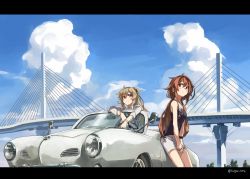 Rule 34 | 2girls, alternate costume, black ribbon, black tank top, bracelet, breasts, bridge, brown eyes, brown hair, car, cloud, commentary request, day, eyewear hang, unworn eyewear, hair ornament, hair ribbon, hairband, hairclip, heterochromia, holding, holding removed eyewear, jewelry, kantai collection, letterboxed, light brown hair, long hair, looking at viewer, medium breasts, motor vehicle, multiple girls, murasame (kancolle), murasame kai ni (kancolle), outdoors, red eyes, red hairband, ribbon, shiratsuyu (kancolle), shiratsuyu kai ni (kancolle), shirt, shorts, sky, smile, sugue tettou, sunglasses, tank top, twitter username, two side up, whistle, whistle around neck, white shirt, white shorts