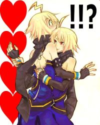 Rule 34 | 00s, 2boys, ahoge, blonde hair, emil castagnier, green eyes, male focus, multiple boys, red eyes, scarf, selfcest, tales of (series), tales of symphonia, tales of symphonia: dawn of the new world, white background