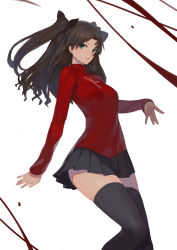 Rule 34 | 1girl, absurdres, arm at side, black thighhighs, brown hair, fate/stay night, fate (series), green eyes, hair ornament, hair ribbon, highres, jam (nandade), long hair, long sleeves, looking at viewer, miniskirt, parted bangs, parted lips, pleated skirt, ribbon, simple background, skirt, smile, solo, sweater, thighhighs, thighs, tohsaka rin, turtleneck, turtleneck sweater, twintails, two side up, white background, zettai ryouiki