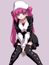 Rule 34 | 1girl, arm warmers, black dress, bleach, blunt bangs, breasts, breasts squeezed together, cowboy shot, dokugamine riruka, dress, expressionless, fingernails, hand on own hip, hanya (hanya yashiki), hat, highres, invisible chair, long hair, long sleeves, medium breasts, open mouth, pink eyes, pink hair, simple background, sitting, tsundere, twintails, very long hair, white headwear, wide hips