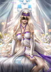 Rule 34 | 1girl, arm support, artist name, ayya sap, bare shoulders, blindfold, blonde hair, blurry, blurry background, breasts, curtains, depth of field, detached sleeves, fantasy, flower, goblin slayer!, habit, hip vent, indoors, jewelry, large breasts, lens flare, nail polish, nude, pale skin, pantyhose, parted lips, pinup (style), purple nails, purple theme, sitting, smile, solo, sword maiden, uncensored, white hair, white sleeves