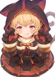 Rule 34 | 1girl, andira (granblue fantasy), animal ears, animal hands, blonde hair, cat ears, cat paws, closed mouth, fake animal ears, granblue fantasy, happy, highres, hood, hood up, kimblee, licking lips, light blush, looking at viewer, monkey ears, monkey tail, red eyes, sidelocks, simple background, smile, tail, tongue, tongue out, white background