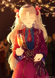Rule 34 | 1girl, :d, artist name, birthday, blonde hair, blue shirt, blurry, blurry background, blush, bow, breasts, center frills, champagne flute, closed eyes, coat, collared shirt, commentary request, cup, drinking glass, earrings, ereshkigal (fate), facing viewer, fate/grand order, fate (series), fingernails, frills, glint, hair bow, highres, holding, holding cup, jewelry, light particles, long hair, long sleeves, necktie, open mouth, pom pom (clothes), pom pom earrings, red bow, red coat, red necktie, red skirt, sash, shirt, skirt, skull, smile, solo, tiara, twitter username, two side up, upper body, very long hair, yue natsuki