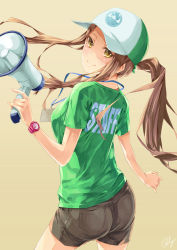 Rule 34 | 1girl, ass, back, bad id, bad pixiv id, baseball cap, breasts, brown background, brown eyes, brown hair, clothes writing, hat, highres, long hair, looking at viewer, looking back, megaphone, original, ponytail, re lucy, revision, shirt, short sleeves, shorts, signature, simple background, smile, solo, watch, wristwatch
