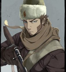 Rule 34 | 1boy, beard, blue eyes, bolt action, brown coat, brown gloves, brown hair, brown scarf, closed mouth, coat, facial hair, fur hat, gloves, golden kamuy, grey background, gun, gun sling, hat, highres, holding, holding gun, holding weapon, long sleeves, looking at viewer, male focus, mosin-nagant, pillarboxed, rifle, russian clothes, scarf, short hair, sideburns, simple background, solo, tonta (tonta1231), tsurime, upper body, ushanka, v-shaped eyebrows, vasily (golden kamuy), weapon, white hat, winter clothes