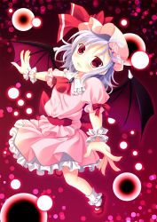 Rule 34 | 1girl, bad id, bad pixiv id, bat wings, bow, brooch, danmaku, fang, gradient background, hat, hat bow, jewelry, light purple hair, mob cap, moi (licoco), open mouth, polka dot, polka dot background, red eyes, remilia scarlet, solo, touhou, wings, wrist cuffs