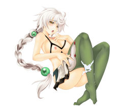 Rule 34 | 10s, 1girl, absurdres, ass, asymmetrical hair, bra, breasts, cloud print, cupless bra, from side, green thighhighs, hand on leg, hand on own thigh, hand to own mouth, highres, kantai collection, large breasts, lips, long hair, looking at viewer, miniskirt, nipples, open mouth, panties, panty pull, pleated skirt, silver hair, simple background, skirt, solo, take toshiaki, thighhighs, thighs, torn clothes, torn panties, underwear, unryuu (kancolle), very long hair, white background, yellow eyes