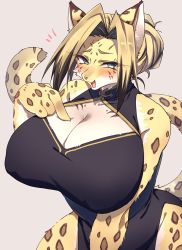 Rule 34 | 1girl, aky sg6, blonde hair, breasts, cheetach, chinese clothes, cleavage, cleavage cutout, clothing cutout, furry, furry female, huge breasts, open mouth, purple eyes, solo