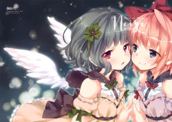 Rule 34 | 2girls, :o, bare shoulders, black hair, blonde hair, blue eyes, blush, bow, breasts, cover, cover page, dated, dress, ech, green hair, hair bow, hair ornament, hairband, holding hands, looking at another, looking at viewer, multiple girls, nose, open mouth, original, pink hair, red eyes, short hair, smile, steepled fingers, white wings, wings