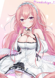 Rule 34 | 1girl, absurdres, artist name, azur lane, bare shoulders, breasts, center frills, clothing cutout, detached collar, dress, feathered wings, frilled dress, frills, highres, large breasts, long hair, looking at viewer, makihige, perseus (azur lane), pink hair, shoulder cutout, simple background, solo, thighhighs, very long hair, white theme, white thighhighs, wide sleeves, wings