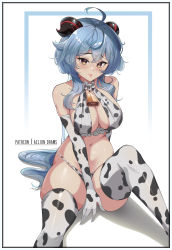 Rule 34 | 1girl, absurdres, aelion draws, ahoge, animal print, artist name, bare shoulders, bell, between legs, bikini, blue hair, blush, breasts, brown eyes, choker, cleavage, cow print, cowbell, crossed bangs, elbow gloves, feet out of frame, frilled choker, frills, ganyu (genshin impact), genshin impact, gloves, goat horns, hand between legs, highres, horns, large breasts, lips, long hair, looking at viewer, navel, patreon username, shadow, sidelocks, sitting, skindentation, solo, swimsuit, thighhighs, thighs, white background
