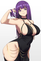Rule 34 | 1girl, alternate costume, ass, bl/ess, black dress, breasts, cleavage, clothes lift, covering navel, dress, fern (sousou no frieren), hands in hair, highres, hip vent, in the dress (meme), large breasts, long hair, meme, meme attire, modakawa dress, open clothes, open dress, pelvic curtain, pelvic curtain lift, purple eyes, purple hair, sleeveless, sleeveless dress, solo, sousou no frieren, wide hips