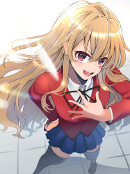 Rule 34 | 1girl, aisaka taiga, black thighhighs, blazer, blue skirt, brown eyes, brown hair, commentary request, foreshortening, from above, hand on own chest, highres, jacket, long hair, looking at viewer, oohashi high school uniform, open mouth, pleated skirt, red jacket, school uniform, skirt, solo, standing, tatsumi samari, teeth, thighhighs, toradora!, upper teeth only