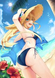 Rule 34 | 1girl, aqua eyes, arm up, armpits, ass, bare arms, beach, bikini, blonde hair, blue bikini, blue sky, breasts, cloud, commentary request, day, earrings, fisheye, flower, from behind, hand on headwear, hat, hat flower, hibiscus, highres, holding, inflatable dolphin, inflatable toy, jewelry, leaning forward, long hair, looking at viewer, looking back, medium breasts, ocean, open mouth, original, outdoors, palm tree, red flower, relight, sideboob, sky, smile, solo, standing, straw hat, summer, sun, sun hat, swimsuit, teeth, tree, upper teeth only, water