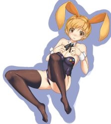Rule 34 | 1girl, animal ears, atlus, black thighhighs, blonde hair, breasts, brown eyes, cleavage, detached collar, fake animal ears, feet, female focus, large breasts, leotard, no shoes, persona, persona 4, playboy bunny, pro, rabbit ears, satonaka chie, short hair, solo, strapless, strapless leotard, thighhighs, white background, wrist cuffs