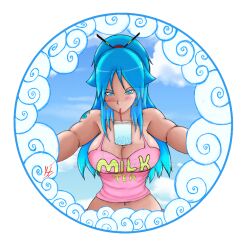 alera_kaze alera_kaze(character) alera_kaze(original) arm_tattoo armor bad_tag blue_eyes blue_hair booba_(meme) boobplate breastplate breasts bubble_tea cleavage cleavage_cutout clothing_cutout cloud cloudy_sky curvy flashing huge_breasts kunoichi kyle-x kylex kylex2039 kylexkaidou large_breasts massive_tits mega_milk mole navel nipples_visible_through_shirt oppai_challenge original pink_shirt ponytail presenting shirt sky sticker tank_top tattoo wide_hips