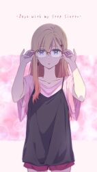 1girl adjusting_eyewear ayase_saki black_shirt blonde_hair border collarbone commentary copyright_name cowboy_shot earrings gimai_seikatsu glasses hair_ornament hairclip highres jewelry letterboxed long_hair looking_at_viewer nii_manabu outside_border over-rim_eyewear parted_lips pink_background pink_shirt purple_eyes red_shorts semi-rimless_eyewear shirt shorts solo standing straight_hair symbol-only_commentary two-tone_shirt white_border