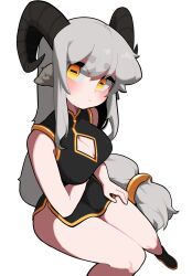 Rule 34 | absurdres, ass, blush, bolt (min lona), breasts, china dress, chinese clothes, cleavage cutout, clothing cutout, dress, grey hair, highres, horns, large breasts, legs, long hair, looking at viewer, min lona, serious, shoes, sitting, thighs, white background, yellow eyes