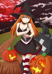 Rule 34 | 1girl, alternate costume, badge, bare shoulders, black cat, black dress, blue eyes, blush, bow, breasts, button badge, buttons, cat, choker, cleavage, clenched hands, cloud, coffin, collarbone, cross, cross-laced clothes, dress, fire, frilled dress, frills, full moon, grass, hair between eyes, halloween, hat, hat bow, head tilt, holding, holding wand, jack-o&#039;-lantern, looking at viewer, medium breasts, moon, murata isshin, neon genesis evangelion, night, night sky, orange hair, outdoors, parted lips, path, pumpkin, red bow, red moon, red thighhighs, ribbon trim, road, short dress, sitting, sky, solo, souryuu asuka langley, spaghetti strap, standing, star (sky), starry sky, straight hair, striped clothes, striped thighhighs, thighhighs, tree stump, wand, white thighhighs, witch, witch hat, wrist cuffs, zettai ryouiki