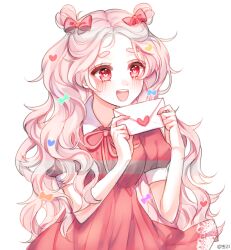 Rule 34 | 1girl, blush, bow, collared dress, commentary, cookie run, cotton candy cookie, double bun, dress, envelope, fingernails, forehead, hair bow, hair bun, hair ornament, heart, heart hair ornament, heart in eye, holding, holding envelope, holding letter, letter, long hair, love letter, neck ribbon, open mouth, pink bow, pink dress, pink eyes, pink hair, pink ribbon, pink theme, ribbon, short eyebrows, short sleeves, simple background, smile, solo, symbol in eye, teeth, thick eyebrows, ttori, upper teeth only, wavy hair, white background