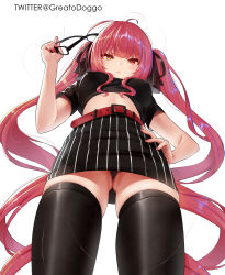 Rule 34 | 1girl, belt, black panties, black ribbon, black shirt, black skirt, black thighhighs, blonde hair, blush, breasts, breasts apart, closed mouth, commentary, cowboy shot, crop top, english commentary, from below, frown, glasses, gluteal fold, greatodoggo, hair ribbon, hand on own hip, heterochromia, highres, holding, holding removed eyewear, hololive, houshou marine, long hair, looking at viewer, looking down, medium breasts, multicolored hair, nail polish, panties, purple hair, red belt, red eyes, red hair, red nails, ribbon, shirt, simple background, skirt, solo, standing, streaked hair, striped clothes, striped skirt, thighhighs, twintails, underwear, unworn eyewear, vertical-striped clothes, vertical-striped skirt, very long hair, virtual youtuber, white background, yellow eyes