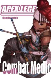 Rule 34 | 1girl, animification, apex legends, black pants, bleach, blue gloves, cover, cover page, d.o.c. health drone, dark-skinned female, dark skin, detached sleeves, double bun, drumsticks, fake cover, from above, gloves, grey tank top, hair bun, headband, headset, highres, holding, holding drumsticks, lifeline (apex legends), logo parody, manga cover, open mouth, pants, red hair, robot, shock sticks (apex legends), sitting, solo, tank top, thundergotch, white headband