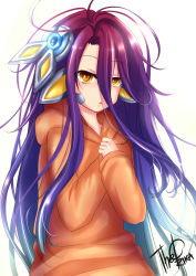 Rule 34 | 1girl, android, hair ornament, highres, hood, hoodie, looking at viewer, multicolored hair, no game no life, no game no life zero, purple hair, robot ears, shuvi (no game no life), theorika, yellow eyes