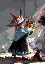 Rule 34 | 2girls, absurdres, amiya (arknights), arknights, black dress, black footwear, blood, blue capelet, blue eyes, blush, bouquet, brown hair, capelet, child, chinese commentary, commentary, dress, ears through headwear, flower, hat, hat flower, high heels, highres, holding, holding bouquet, long hair, long sleeves, mary janes, mubi (mubi645048), multiple girls, out of frame, pink hair, ponytail, purple flower, reaching, red flower, shoes, sunflower, theresa (arknights), white dress, white flower, white headwear, yellow flower
