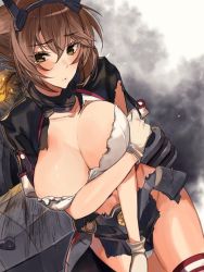 Rule 34 | 1girl, arm under breasts, bad id, bad twitter id, black capelet, black jacket, black skirt, blush, breasts, brown hair, capelet, cleavage, collarbone, cowboy shot, dutch angle, embarrassed, fire, green eyes, hair between eyes, headgear, inusaka, jacket, kantai collection, large breasts, looking at viewer, metal belt, midriff, mutsu (kancolle), mutsu kai ni (kancolle), oekaki, panties, pleated skirt, red legwear, rigging, short hair, skirt, solo, striped clothes, striped legwear, striped thighhighs, thighhighs, torn clothes, turret, underwear, upper body, white panties