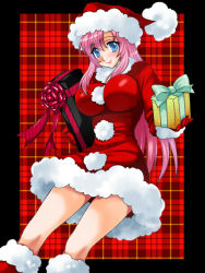 Rule 34 | 00s, 1girl, blue eyes, breasts, christmas, framed, fur trim, gift, gloves, gundam, gundam seed, gundam seed destiny, hat, holding, holding gift, impossible clothes, large breasts, long hair, looking at viewer, meer campbell, outside border, pink hair, plaid, plaid background, santa costume, santa hat, smile, solo, tooru jin, unmoving pattern