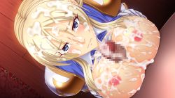 Rule 34 | 1boy, 1girl, armor, blonde hair, blue eyes, breasts, censored, chijoku no onna kishi, clenched teeth, cum, cum on body, cum on breasts, cum on hair, cum on upper body, facial, game cg, hetero, large breasts, lune (company), mildred von lislstadt, paizuri, penis, pov, solo focus, teeth