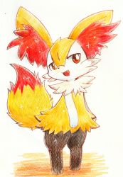 Rule 34 | 1girl, absurdres, animal ear fluff, animal ears, animal feet, animal hands, animal nose, arms at sides, black fur, body fur, braixen, creatures (company), fang, female focus, flat chest, fox ears, fox girl, fox tail, full body, furry, furry female, game freak, gen 6 pokemon, happy, highres, kirin1204, looking at viewer, multicolored fur, neck fur, nintendo, open mouth, pokemon, pokemon (creature), red eyes, simple background, smile, snout, solo, standing, tail, tail raised, traditional media, white background, white fur, yellow fur