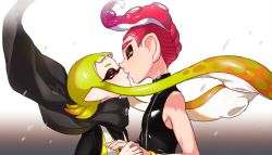 Rule 34 | 1boy, 1girl, agent 3 (splatoon), agent 8 (splatoon), black cape, black shirt, blunt bangs, cape, gradient background, gradient hair, green hair, grey background, half-closed eyes, hetero, holding hands, imminent kiss, inkling, inkling girl, inkling player character, long hair, long sleeves, looking at another, mohawk, multicolored hair, nintendo, octoling, octoling player character, orange eyes, orange hair, pointy ears, red hair, shirt, short hair, sleeveless, sleeveless shirt, splatoon (series), splatoon 1, splatoon 2, splatoon 2: octo expansion, squidbeak splatoon, suction cups, tentacle hair, torn cape, torn clothes, vest, wind, yellow vest, yeneny, zipper