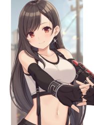 Rule 34 | 1girl, bare shoulders, black gloves, blurry, breasts, brown hair, collarbone, crop top, depth of field, earrings, elbow gloves, final fantasy, final fantasy vii, fingerless gloves, glint, gloves, jewelry, large breasts, long hair, looking at viewer, midriff, navel, red eyes, shiromikan, shirt, sleeveless, sleeveless shirt, smile, solo, stomach, stretching, suspenders, tifa lockhart, upper body, white shirt