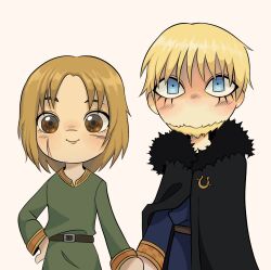 Rule 34 | 2boys, absurdres, beard, belt, black cloak, blonde hair, blue eyes, bree (m0thscandle), brown eyes, buckle, canute, chibi, cloak, closed mouth, eyelashes, facial hair, facial scar, fur trim, height difference, highres, holding hands, king, looking at viewer, male focus, multiple boys, multiple scars, no mouth, scar, scar on cheek, scar on face, scar on nose, short hair, simple background, smile, staring, thorfinn, tunic, viking, vinland saga, yaoi