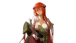 Rule 34 | 1girl, ;p, alternate costume, arknights, bagpipe (arknights), blouse, blush, breasts, cleavage, closed mouth, coat, collarbone, collared shirt, corset, cowboy shot, dragon horns, dress shirt, female focus, green coat, highres, horns, large breasts, long hair, long sleeves, no bra, one eye closed, open clothes, open coat, open shirt, orange hair, purple eyes, qinglai haiji, red skirt, shirt, simple background, skirt, sleeves past fingers, sleeves past wrists, smile, solo, tongue, tongue out, unbuttoned, very long hair, white background, white shirt, wing collar