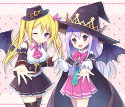 Rule 34 | 2girls, ascot, blonde hair, bow, breasts, crescent, demon wings, detached sleeves, hair between eyes, hair ornament, hair ribbon, hat, long hair, mauve, multiple girls, necktie, one eye closed, original, outstretched arm, outstretched hand, pink bow, pink eyes, pink skirt, pio (potion maker), pointy ears, potion maker, purple eyes, purple hair, red eyes, ribbon, skirt, smile, star (symbol), thighhighs, tia (potion maker), twintails, wings, witch hat