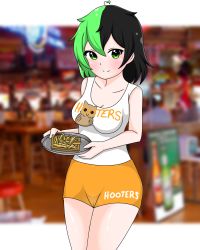 Rule 34 | 1girl, black hair, breasts, cleavage, clothes writing, dino chan, green hair, highres, holding, holding tray, hooters, orange shorts, original, self-upload, shorts, source request, tank top, tray, uniform, waitress