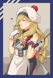 Rule 34 | 1girl, aqua eyes, arm scarf, beret, black border, blonde hair, blush, border, breasts, cleavage, dress, food, fujinoki (horonabe-ken), gloves, hair between eyes, hat, heart, highres, holding, holding food, holding pocky, kantai collection, long hair, medium breasts, mole, mole under eye, mole under mouth, mouth hold, pocky, pom pom (clothes), richelieu (kancolle), scarf, simple background, sleeveless, sleeveless dress, solo, white hat