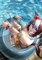 Rule 34 | 1girl, absurdres, animal ears, armband, barefoot, bead necklace, beads, bikini, bikini skirt, blue innertube, bow, breasts, cleavage, commentary request, ear flower, food, frilled bikini, frills, hair between eyes, hair ornament, hairclip, highres, holding, holding food, holding popsicle, horse ears, horse girl, horse tail, innertube, jewelry, looking at viewer, medium breasts, multicolored hair, necklace, official alternate costume, official alternate hairstyle, open mouth, orange armband, orange bikini, outdoors, partially submerged, plaid, plaid bikini, po musubi, pool, poolside, popsicle, purple eyes, ring, short hair, smile, solo, special week (hopping vitamin heart) (umamusume), special week (umamusume), streaked hair, swim ring, swimsuit, tail, thigh strap, umamusume, white hair