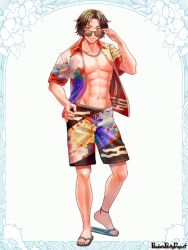 Rule 34 | 1boy, abs, adjusting eyewear, brown hair, copyright name, egasumi, floral print, full body, hand on own hip, hawaiian shirt, jewelry, looking at viewer, male focus, male swimwear, mizuki apple, navel, necklace, pandora party project, parted bangs, pectorals, sandals, shirt, smile, solo, standing, sunglasses, swim trunks, white background
