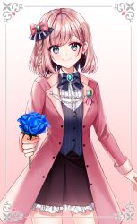 Rule 34 | 1girl, blue bow, blue flower, blue rose, blue vest, blush, bow, braid, brooch, brown background, brown hair, brown skirt, closed mouth, collared shirt, commentary request, flower, frilled skirt, frills, gradient background, green eyes, hair bow, highres, holding, holding flower, jacket, jewelry, long sleeves, mamel 27, open clothes, open jacket, original, pink bow, pink jacket, pinstripe pattern, pinstripe vest, pleated skirt, rose, shirt, skirt, smile, solo, striped clothes, striped vest, vertical-striped clothes, vertical-striped vest, vest, white background, white shirt