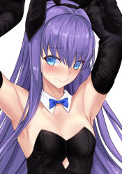 Rule 34 | 1girl, animal ears, armpits, arms behind head, arms up, bare shoulders, black leotard, blue eyes, blush, bow, bowtie, breasts, detached collar, detached sleeves, fake animal ears, fate/extra, fate/extra ccc, fate (series), highres, leotard, long hair, looking at viewer, meltryllis (fate), playboy bunny, purple hair, rabbit ears, simple background, small breasts, smile, strapless, strapless leotard, untue, very long hair, white background