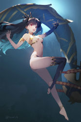 Rule 34 | 1girl, :d, armlet, barefoot, black hair, black thighhighs, breasts, commentary, earrings, fate/grand order, fate (series), full body, heavenly boat maanna, highres, hoop earrings, ishtar (fate), jewelry, legs, long hair, looking at viewer, medium breasts, navel, open mouth, red eyes, siino, single sleeve, single thighhigh, smile, solo, thighhighs, toes, twitter username, two side up, underboob