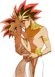Rule 34 | 1boy, 1girl, aqactrst, aquaticartist, atem, bad id, bad pixiv id, bare shoulders, black hair, blonde hair, blush, bracelet, couple, dual persona, earrings, embarrassed, gender request, genderswap, hetero, holding, hug, jewelry, looking at another, md5 mismatch, multicolored hair, muto yugi, necklace, pink hair, spiked hair, white background, yu-gi-oh!