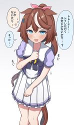 Rule 34 | 1girl, absurdres, animal ears, black bow, black bowtie, blue eyes, blush, bow, bowtie, brown hair, clenched hands, female focus, flat chest, frilled skirt, frills, gokurin, gradient background, grey background, hair ornament, hair ribbon, hand on own chest, hand up, have to pee, highres, horse ears, horse girl, horse tail, japanese text, long hair, looking at viewer, miniskirt, multicolored hair, nervous smile, open mouth, pink ribbon, pleated skirt, ponytail, purple shirt, ribbon, sailor collar, school uniform, shirt, shirt tucked in, short sleeves, sidelocks, simple background, skirt, smile, solo, speech bubble, standing, streaked hair, sweat, tail, talking, tokai teio (umamusume), translation request, two-tone hair, umamusume, white hair, white sailor collar, white skirt